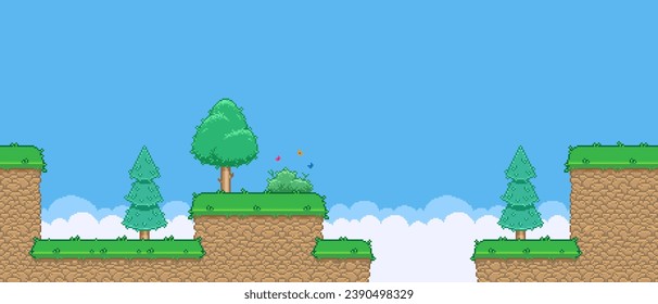 8bit colorful simple vector pixel art horizontal illustration of cartoon various trees and bush with butterflies in retro video game platformer style