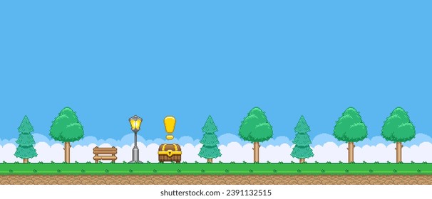8bit colorful simple vector pixel art horizontal illustration of the park with bench, quest treasure chest, street lamps and coniferous and deciduous trees in retro video game platformer level style
