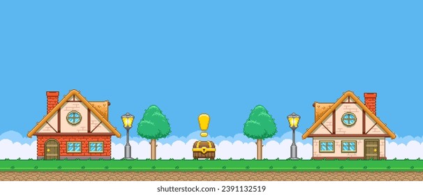 8bit colorful simple vector pixel art horizontal illustration of the cartoon two houses and quest treasure chest between them in retro video game platformer level style