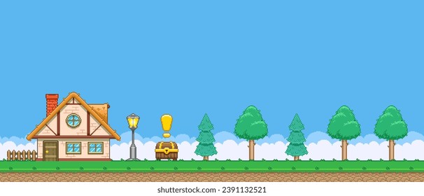 8bit colorful simple vector pixel art horizontal illustration of cartoon house and forest with quest treasure chest in retro video game platformer level style