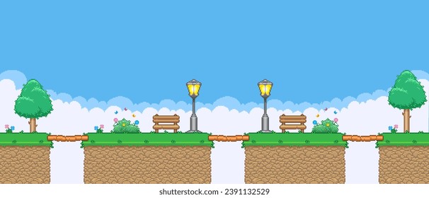 8bit colorful simple vector pixel art horizontal illustration of the benches, street lamps, trees and flowering bushes on high skeletons between bridges in retro video game platformer level style