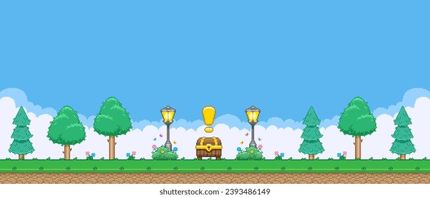 8bit colorful simple vector pixel art horizontal illustration of cartoon quest treasure chest between trees and two street lantern in retro video game platformer level style