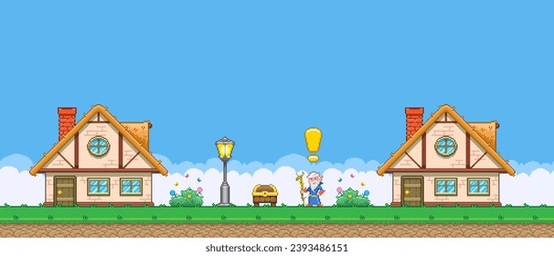 8bit colorful simple vector pixel art horizontal illustration of cartoon quest sorcerer, druid, seer between the houses near the treasure chest in retro video game platformer level style