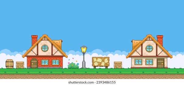 8bit colorful simple vector pixel art horizontal illustration of cartoon notice board between two houses in retro video game platformer level style