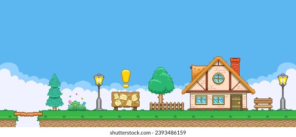 8bit colorful simple vector pixel art horizontal illustration of cartoon quest bulletin board near the house in retro video game platformer level style