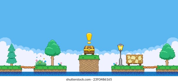 8bit colorful simple vector pixel art horizontal illustration of cartoon quest treasure chest on high small island and notice board in retro video game platformer level style