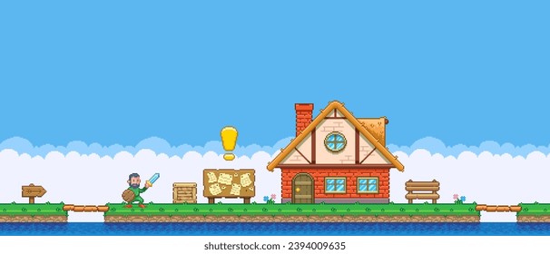 8bit colorful simple vector pixel art horizontal illustration of cartoon hero with sword and shield approaches the quest house on island in retro video game platformer level style