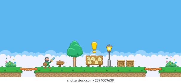8bit colorful simple vector pixel art horizontal illustration of cartoon hero with sword and shield approaches the quest bulletin board in retro video game platformer level style