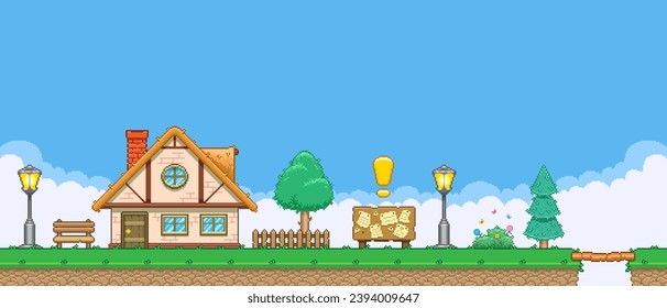 8bit colorful simple vector pixel art horizontal illustration of cartoon quest bulletin board near the house in retro video game platformer level style