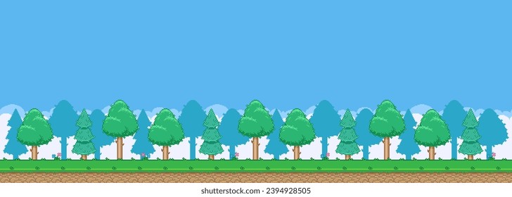 8bit colorful simple vector pixel art horizontal illustration of cartoon dense mixed forest in retro video game platformer level style