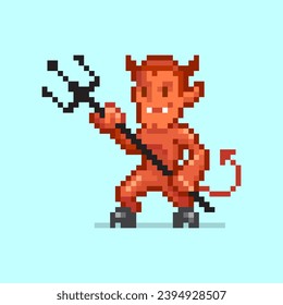 8bit colorful simple vector pixel art illustration of cartoon red horned devil with trident