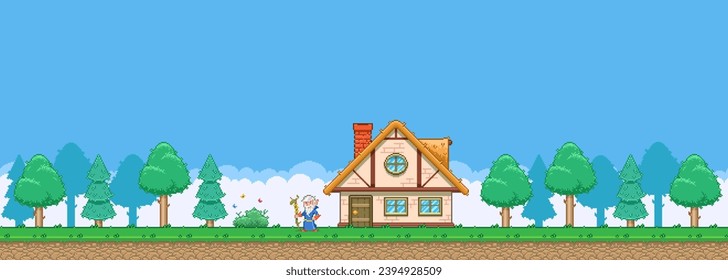 8bit colorful simple vector pixel art horizontal illustration of cartoon house of old elf druid in the middle of dense forest in retro video game platformer level style