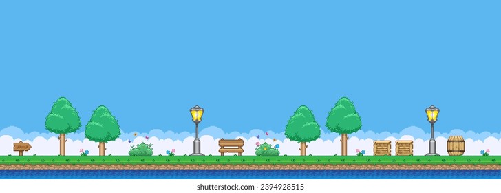 Arte de píxeles vectoriales simples de 8 bits ilustración horizontal de parque de dibujos animados con bancos, árboles, farolillos en estilo de plataforma de videojuegos retro