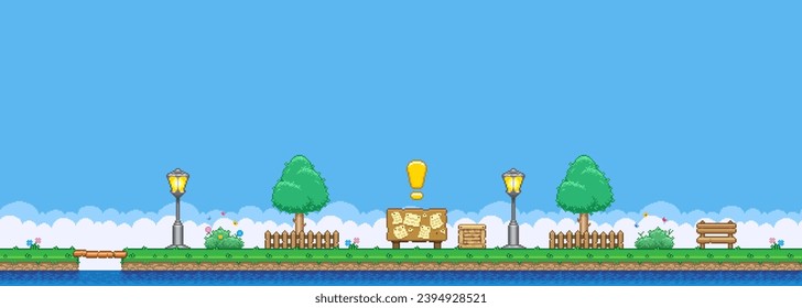 8bit colorful simple vector pixel art horizontal illustration of cartoon park with bench, trees, lanterns and quest bulletin board in retro video game platformer level style