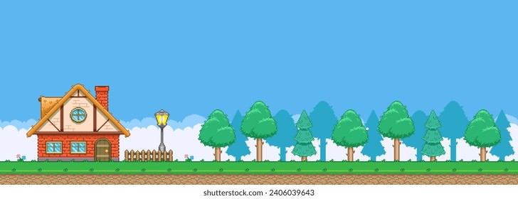 8bit colorful simple vector pixel art horizontal illustration of cartoon cute little house on the edge of the woods in retro game platformer level
