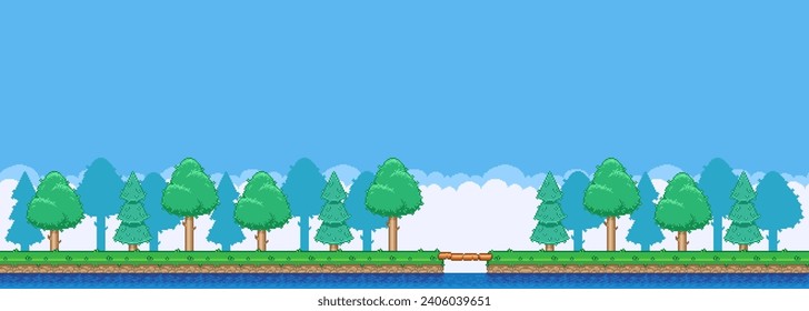 Arte de píxel vectorial simple de 8 bits ilustración horizontal del puente de dibujos animados sobre el agua en los bosques en el estilo de plataforma de videojuegos retro