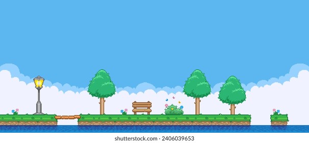 8bit colorful simple vector pixel art horizontal illustration of the cartoon bench on the island between deciduous trees in retro video game platforme