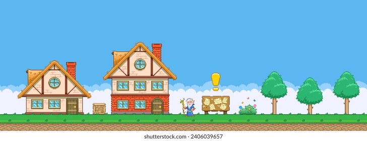 8bit colorful simple vector pixel art horizontal illustration of cartoon village druid elder next to the quest bulletin board in retro game platformer