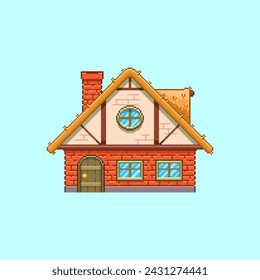 8bit colorful simple vector pixel art illustration of cartoon one-story house in retro video game platformer level style