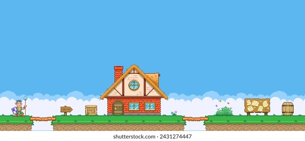 8bit colorful simple vector pixel art illustration of cartoon knight spearman walking to house with bulletin board in retro video game platformer level style