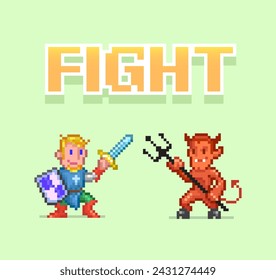 8bit colorful simple vector pixel art illustration of cartoon knight templar with sword and demon with trident in retro video game platformer level style