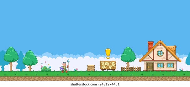 8bit colorful simple vector pixel art illustration of cartoon knight spearman walking from the forest to house with bulletin board in retro video game platformer level style