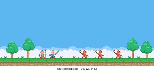 8bit bunte einfache Vektor-Pixel-Kunst-Illustration von Cartoon zwei Ritter-Tempel gegen drei Dämonen mit Dreizack im Retro-Videospiel-Platformer-Level-Stil