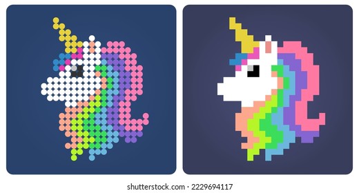 8-bit of colorful unicorn pixels. Fairytale animals for retro games and bead patterns in vector illustrations.