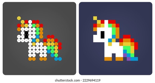 8-bit of colorful unicorn pixels. Fairytale animals for retro games and bead patterns in vector illustrations.