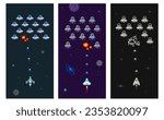 8-bit computer game space arcade in Pixel Art style. Pixelated graphics Space battle scene design. Editable Retro pixel video game elements. Vector template set