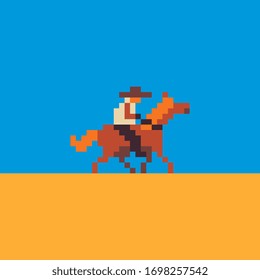 8bit Cowboy on horse pixel art vector illustration, Wild West, design for logo, sticker, mobile app. Game assets 8-bit sprite.