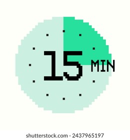 8-bit design with 15-minutes Timer composed of square pixels. Retro-inspired clock of green color, with fifteen minutes label on watch face, perfect for game interfaces and digital design