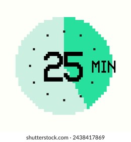 Diseño de 8 bits con temporizador de 25 minutos compuesto de píxeles cuadrados. Reloj de inspiración retro de color verde, con etiqueta de veinticinco minutos en la esfera del reloj, perfecto para interfaces de juego y diseño digital