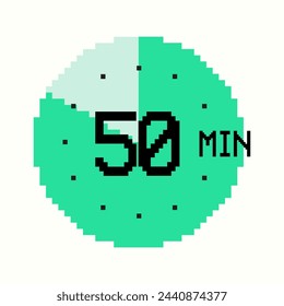 8-bit design with 50-minute Timer composed of square pixels. Retro-inspired clock of green color, with fifty minutes label on watch face, perfect for game interfaces and digital design