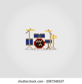 8-bit drummer pixel image. Music tools in vector illustrations for game assets