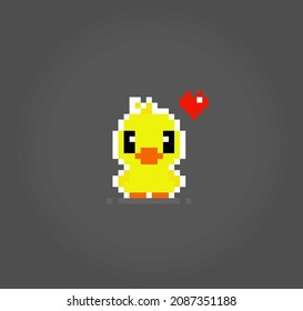 8-bit duck pixels. Animal game assets in vector illustrations.