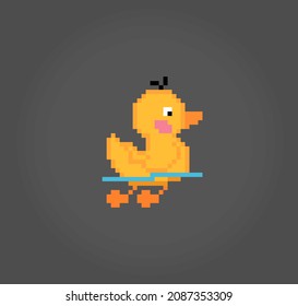 8-bit duck pixels are swimming. Animal game assets in vector illustrations.