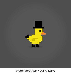 8-bit duck wearing hat pixels. Animal game assets in vector illustrations.