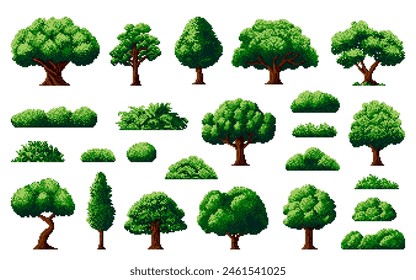 8bit forest, pixel trees and bushes for arcade game assets, vector nature elements. Arcade video game UI and UX assets of garden or park green trees and plants with leaves of oak, birch or willow