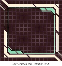 8bit Futuristic Mechanical Screen Interface Frame on Dark Grid Background, Pixel Art Style Illustration