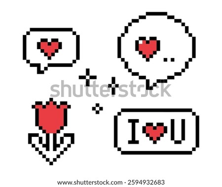 8-bit game arcade cute love elements. Speech bubble love messages in pixel art. I love you sticker. Romantic emoji. Love phrases. Y2k dialogue balloon vector icons set. Game abstract elements
