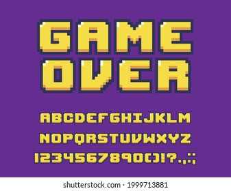 8-bit game font or type with letters, numbers, digits and symbols. Vector alphabet, punctuation marks on violet background. Yellow abc uppercase characters, pixelized signs in retro style isolated set