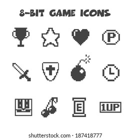 8-bit game icons, mono vector symbols