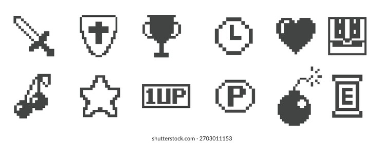 8-bit game icons, mono vector symbols