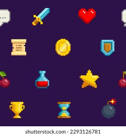 Iconos de juego de 8 bits vectorial de fondo de patrón transparente. Iconos de píxeles en el estilo vintage de videojuegos de 8 bits de 80-90. Moneda de oro de Pixel, espada y escudo, corazón, botella de poción, flash. Diseño de fondo de estilo geek