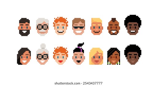 Cabeças de avatar de pixel de jogo de 8 bits.  Coleção de skin do personagem do jogo. Cabeças internacionais masculinas ou femininas avatar definido. Engraçado pixel faces em estilo de jogo retro. Gráficos de vetor de pixels editáveis