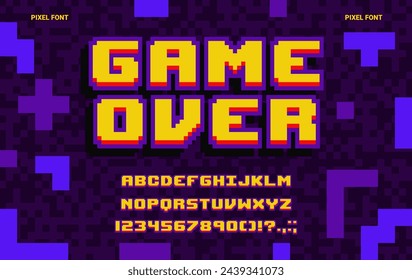 8-bit game pixel font, geometric type, abstract computer typeface, english alphabet. Retro game console font typeset, English ABC vector pixelated letters and digits or alphabet 8bit mosaic symbols