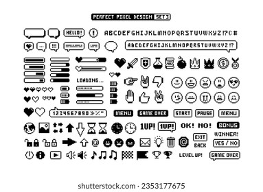8-bit Game pixel graphics icons Set 3. Perfect pixel icons of game props, download bar, office icons, gestures and cursors. Retro Game loot and awards pixel art. Isolated vector svg