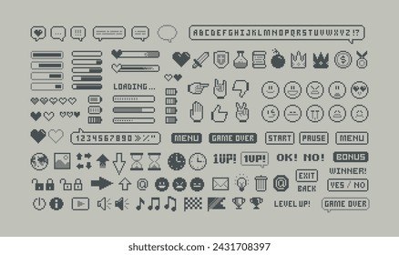 8-bit Game pixel graphics icons. Perfect pixel icons of game props, download bar, office icons, gestures and cursors. Retro Game loot and awards pixel art. Isolated vector	 svg