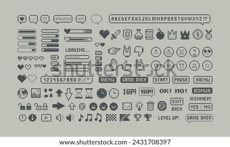 8-bit Game pixel graphics icons. Perfect pixel icons of game props, download bar, office icons, gestures and cursors. Retro Game loot and awards pixel art. Isolated vector	